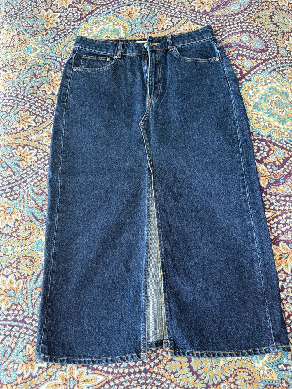 H&M Dark Blue Denim Midi Skirt with Center Front Slit